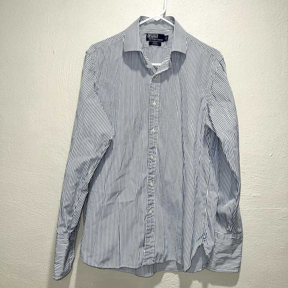 Polo by Ralph Lauren Regent Custom Fit Blue White Strip Dress Button Down Shirt